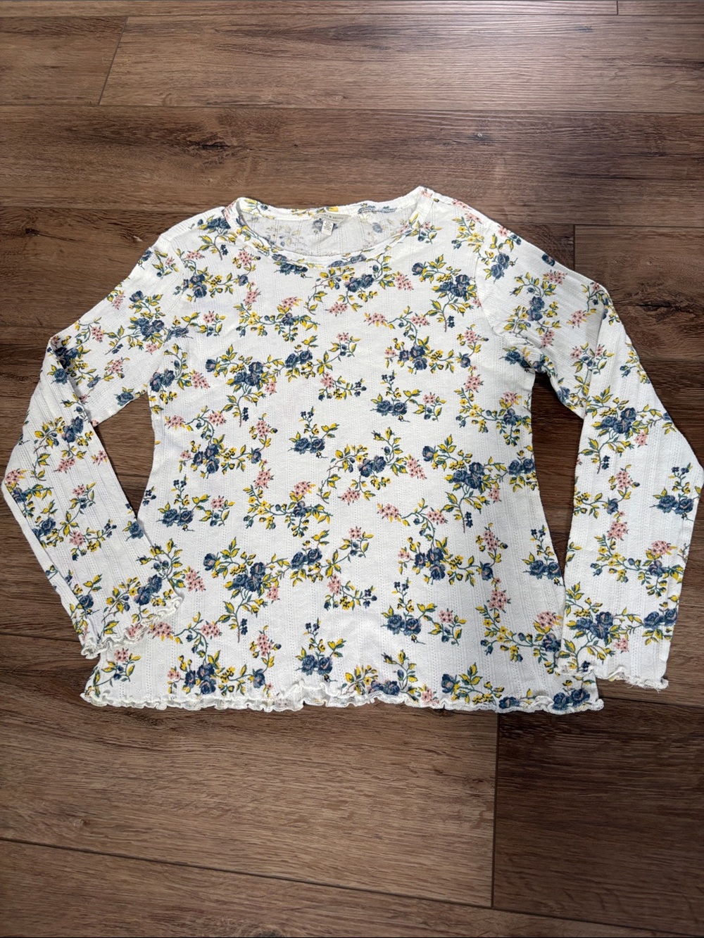 Lucky Brand White Long-Sleeve Floral Waffle Knit 100% Cotton Floral Print